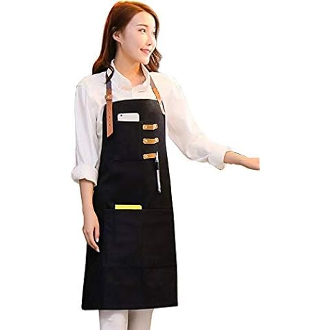Luchuan Cotton Double Waterproof Fabric Adjustable Shoulder Strap Kitchen Work Apron (Black) Cover