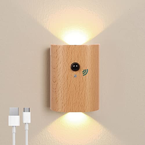 SOUNAY Applique murale Interieur avec Détecteur de Mouvement, LED Lampe Murale sans fil Rechargeable USB Applique Murale Bois, Sans perçage, Pour Chambre...