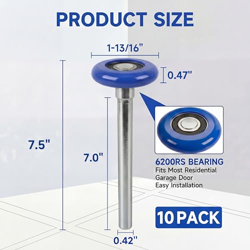 Image of 10 Pack 7 inch Stem Blue 2 inch Sealed Nylon Commercial Garage Door Roller, Ultra Quiet Long-Lasting Durable High Load, Use 6200 Double Seals Precision Bearings for Home&Commercial