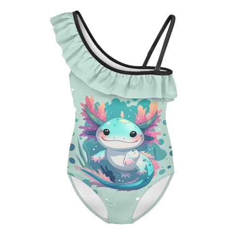 Image of WELLFLYHOM Axolotl Girls One Piece Swimsuits 3-14 Ruffle One Shoulder Bathing Suits Full Coverage Beachwear