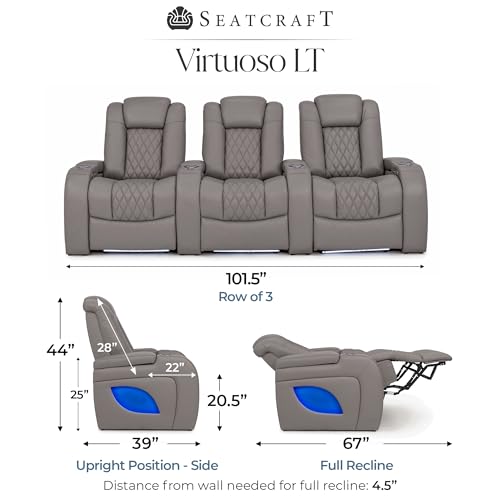 Image of Seatcraft Virtuoso LT Gray Italian Leather Home Theater Seating, Zero Gravity Power Recliner, Powered Headrest and Lumbar Gaming and Home Office Chair, Heat and Massage Lounge Sofa, Row of 3