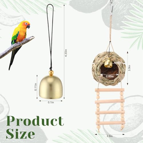Image of Briwooody Hanging Bird Nest for Cage with Ladder Bell Natural Coir Fiber, Grass Hand Woven Hummingbird Finch House for Outside Breeding Nest Parakeet Bed for Budgie Canary Parrot Patio Lawn Garden