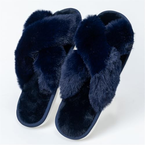 Image of Women's Cross Band Fuzzy Slippers Fluffy Open Toe House Slippers