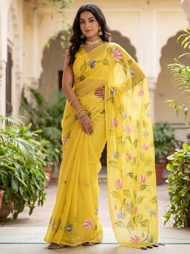 Image of AKHILAM Women's Cotton Saree with White Daisy Floral Prints Tassel Pallu Lightweight Summer Saree