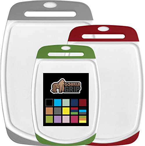 GORILLA GRIP 100% BPA-Free Reversible Kitchen Cutting Board Set of 3, Nonporous, Juice Grooves to Catch Liquid, Slip Resistant Handle Border, Dishwasher Safe, Durable Large Food Chopping Boards, Multi