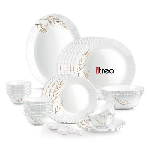 Image of Treo by Milton Opalware Aurelia Selene Dinner Set of 33 | Serving for 6 | Microwave & Dishwasher Safe | Bone-Ash Free | Tempered Toughness | Plates, Bowls, Spoons | Crockery Set for Dining & Gifting