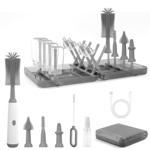 Image of Electric Bottle Brush Cleaner, 9 in 1 Baby Bottle Brush Kit with Nipple Straw Crevice Brushes Drying Rack Extender Soap Dispenser Storage Box, Rechargable Bottle Cleaner Set for Travel & Home (Gray)