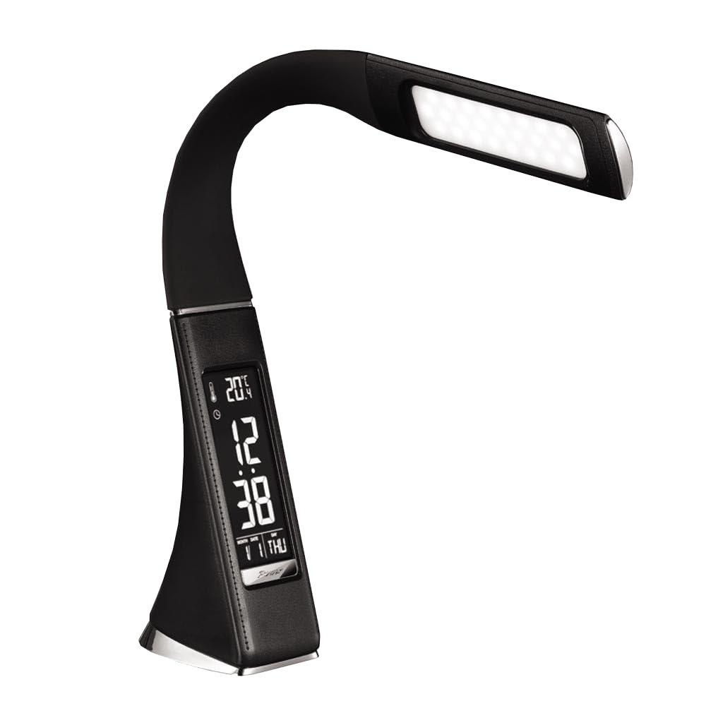 wonderlamp - Flexo escritorio LED con reloj, Pipo, Lámpara de escritorio Táctil, 5W con Intensidad Luz Regulable, Cuero Negro