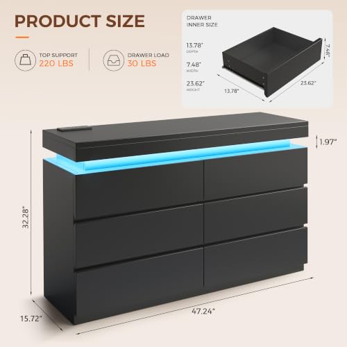 6 Drawer Dresser with LED Lights and Charging Station, Modern Black Dresser - Image 2