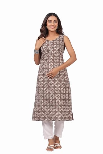 Image of Ichaa Women's All-Over Printed Sleeveless Kurta | Straight Fit Ethnic Kurta | Round Neck Casual Ethnic Wear Kurta