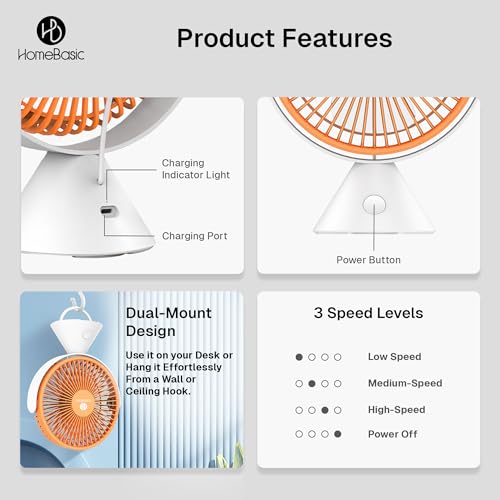 Image of HOMEBASIC Mini Table Fan for Home Office| Portable Handheld Desk Fan with 3 Adjustable Speed, 360 Rotation, Type C Rechargeable, 2400 RPM Motor| 7 Inches Quiet Cooling Fan for Travel (Orange & White)