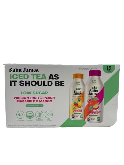 Saint James Organic Tea, Passion Fruit Peach & Pineapple, 15.9 fl oz Bottle – Low Sugar, USDA Organic, Refreshing Tropical Iced Tea Beverage