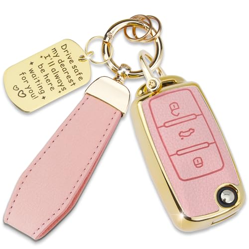 Quekine Soft TPU & Leather Key Fob Cover Compatible with VW Volkswagen Santana Scirocco Eos Tiguan Passat Polo MK5 Touran Jetta Beetle Golf, with Keychain & Metal Blessing Tag (3 Button Pink)