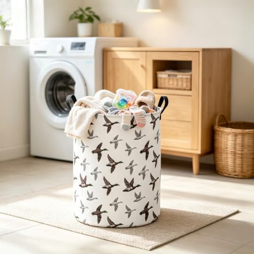 Image of Round Laundry Basket Collapsible Storage Hamper Organizer Mallard Duck | Waterproof Canvas Foldable Baskets with sturdy Handles Multi-scene Organizer for Home Play Bedroom Gift Bin