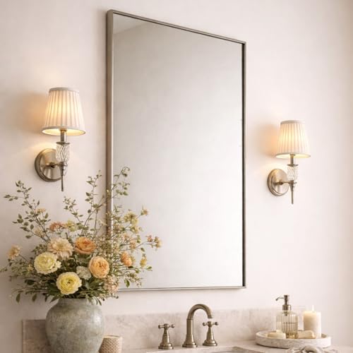 Image of TEHOME Brushed Nickel Bathroom Vanity Mirror with Squared Corners, 24x32'' Silver Rectangle Stainless Steel Metal Framed Mirror for Bathroom
