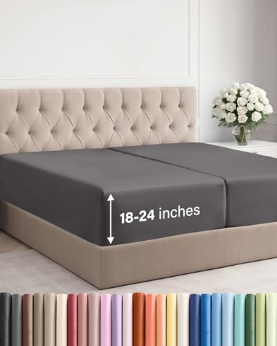 Image of Extra Deep Split King Fitted Sheet - Single Fitted Sheet Only - Dark Grey | Easily Fits 18 inch to 24 inch Mattress, Soft, Wrinkle Free, Breathable & Comfy, Extra Deep Pockets Hotel Luxury Fitted Sheet
