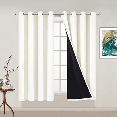 Image of Yakamok 100% Blackout Curtains 54 Inches Long, 2 Thick Layers Thermal Insulated Curtain Panels for Bedroom, Full Light Blocking Drapes with Black Liner (52 inch Wide Each Panel, Cream, 2 Panels)