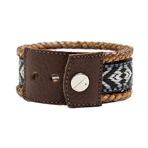 Pulseira de Couro Masculina Marrom Indígena Tribal Étnica Preto e Branco Ajustável