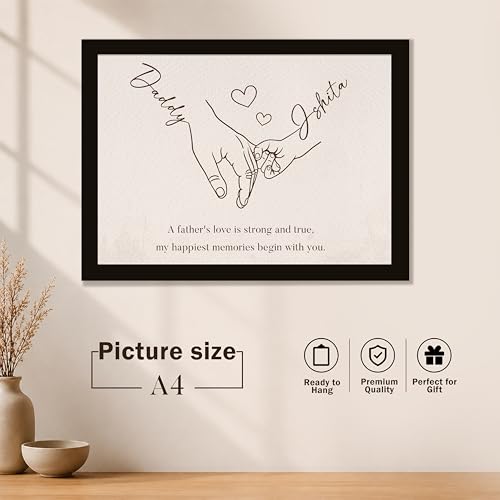 Image of Art Street Personalized Gift Framed Art for Father | Father and Child Line Art Custom Name and Quote Wall Decor, Gift for Dad, Customized Framed Artwork for Home and Office, A4 Size 8x12 Inch