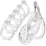 Yivans Harz Keuschheitskäfig Sex Spielzeug für die Männer Keuschheitsgürtel Cock Cage mit 5 Penisringe, SM Fetisch Extrem Penis Bondage Cage Hohldesign Atmungsaktiv Peniskäfig(Transparent - M)