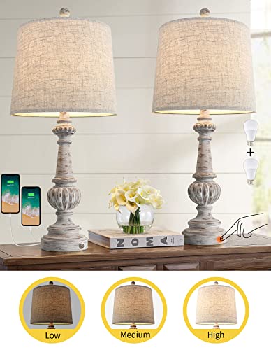 Portres 25.75'' Traditional 3-Way Dimmable Table Lamp Set Of 2 For Living Room Bedside Nightstand Lamps With Usb Charging Ports Bedroom Kids Rustic (2 Bulbs Included) #TOP2