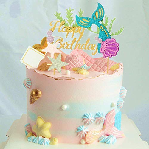 Glitter Mermaid Cake Topper Happy Birthday Cake Picks Mermaid Cake Decoration For Mermaid Baby Shower Birthday Party Supplies #TOP3