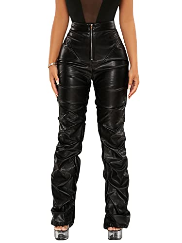 Makemechic Women's Faux Leather Pants Straight Wide Leg Leather Pants Ruched Black Xl #TOP10