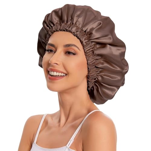 Image of Brown Satin Hair Bonnet for Women & Girls - Silk Sleep Cap for Curly Hair with 3 Free Scrunchies | Night Hair Protection Cap | Soft Elastic Sleepwear Beanie