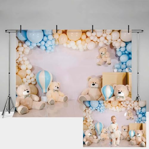 MEHOFOND Telón de fondo para fotografía de bebé de oso de 7 x 5 pies, para cumpleaños, baby shower, recién nacido, retrato de telón de fondo y globos y decoración de pastel de oso, suministros de