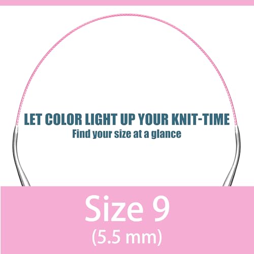 Image of cuteDIY Size 9 Circular Knitting Needles 16 Inch Set Round Metal Kit (Etched US&mm, Color-Coded Cable, Smooth Join)