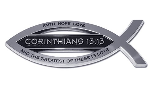 Image of Elektroplate Christian Fish Corinthians 13:13 with Verse OEM Chrome Emblem for Cars, Trucks, and All Auto | Universal Fit at 4 inch x 1.4 inch | Weatherproof