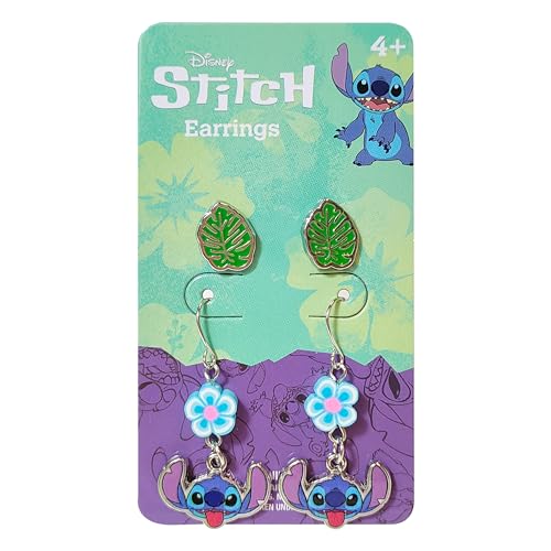 Stitch Hypoallergenic Earrings 1 Leaf Stud & 1 Stitch Fishhook Drop Earring Set with Charms One Size Fits All Disney Accessories for Girls Ages 4+