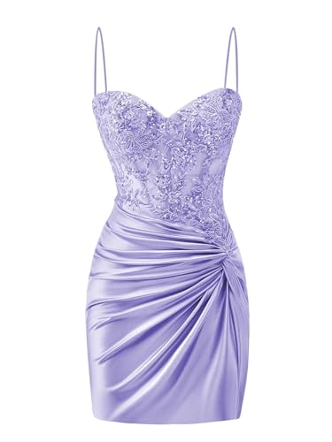 Short Lace Appliques Homecoming Dresses Satin Spaghetti Strap Corset Cocktail Party Gown Dress