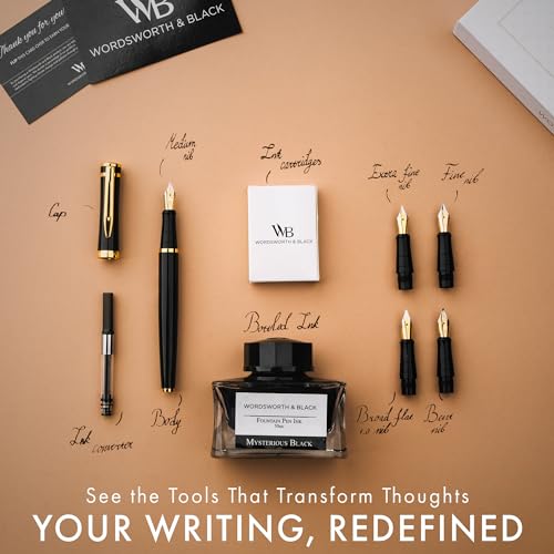 Image of Wordsworth & Black Fountain Pen Gift Set, Includes Ink Bottle, 6 Ink Cartridges, Ink Refill Converter, 4 Replacement Nibs, Premium Package, Journaling, Calligraphy, Smooth Writing Pens [Black Gold]