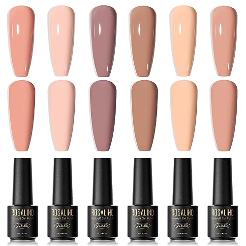 ROSALIND 6PCS Nude Gel Polish Set, Nude Brown Gel Nail Polish Brown Gel Polish Series Nude Gel Collection Nail Art DIY at Home(Update Version)