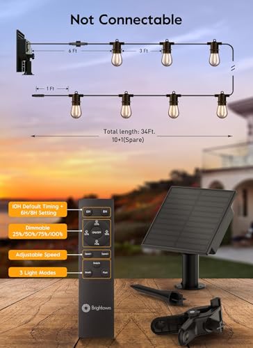Image of Minetom 34FT Solar String Lights Outdoor with Remote, Patio Lights with 10 LED Shatterproof Bulbs and Hooks, E26 Socket and Type-C Port, Waterproof Hanging Lights for Outside Cafe Garden Bistro