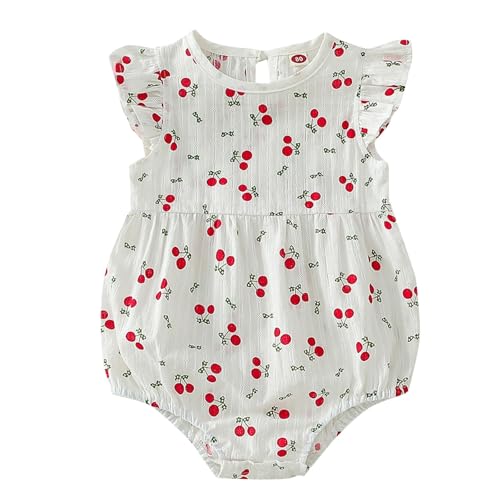 TYUSGH Mameluco de manga con volantes y estampado de cereza, suave, para recién nacidos, para bautizo, baby shower, blanco, 12-18 meses