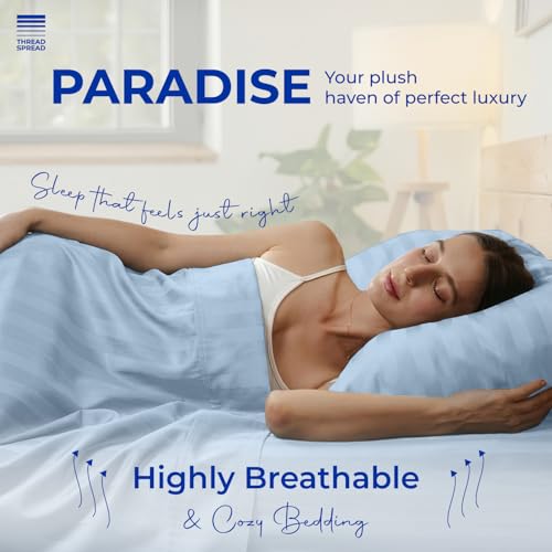 Image of THREAD SPREAD Egyptian Cotton Sheets Queen Size - 1000 Series High Thread Count Cotton Queen Sheet Set (4 PC, Light Blue - Stripe), 16 inch Snug Fit Deep Pocket, Cooling, Sateen, Soft Hotel Luxury Sheets