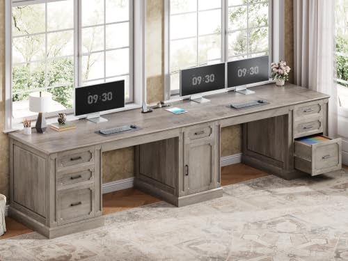 Image of SEDETA Farmhouse 110.3 inch Two Person Desk with 7 Drawers, Long Computer Desk with Storage Cabinet, 2 Person Desk with Power Outlets for Home Office, Gray