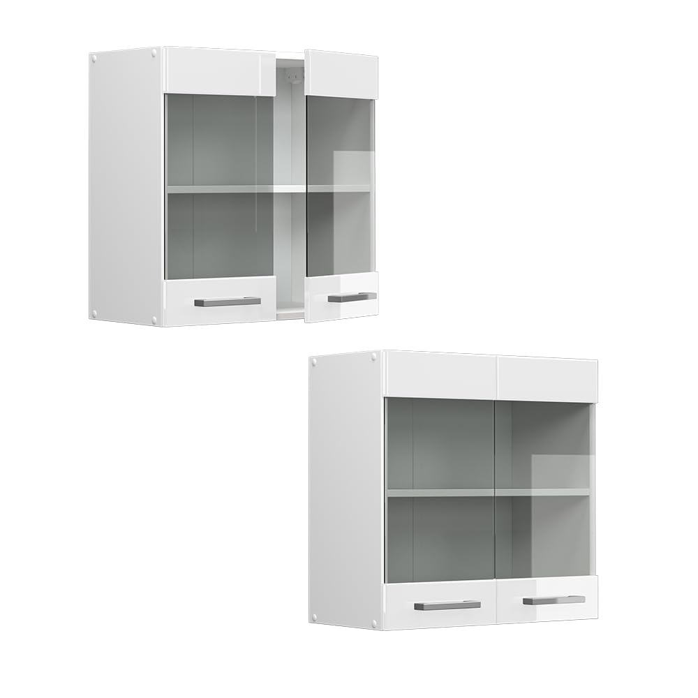 Vicco Armario de Cocina con Vidrio R-Line, Blanco Alto Brillo, 60 cm, para combinación Libre Dentro de Sistemas de Cocina modulares