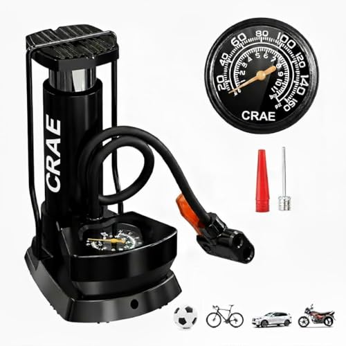 Image of CRAE High Pressure Foot Air Pump with Pressure Gauge - Portable Floor Compressor Cylinder for Car, Bike, Motorcycle, and Bicycle Tyres. Pack of 1 (AU003 Black)