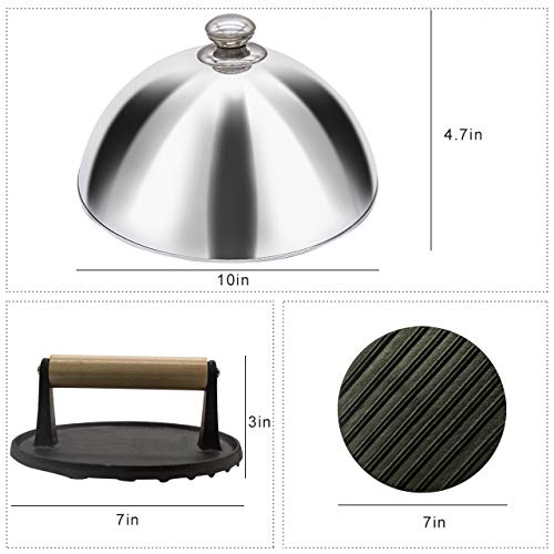 EAZY2HD Griddle Accessories Kit - 7 inch Cast Iron Burger Bacon Press with 10 Inch Heavy Duty Basting Cover Cheese Melting Dome for Flat Top Griddle Grill Cooking Indoor/Outdoor