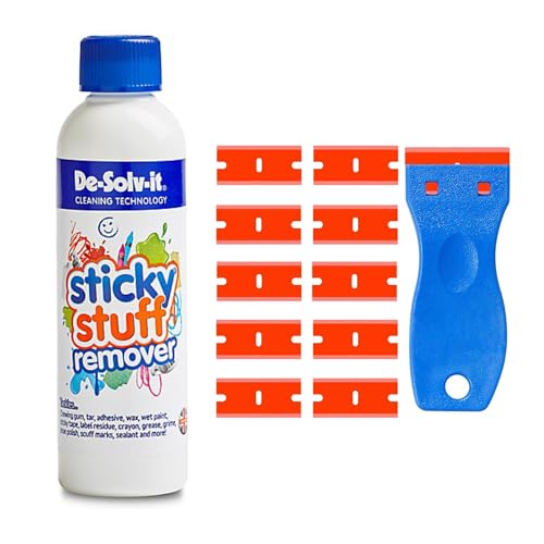 Sticky Stuff Remover 250ml and Scraper Tool Bundle with 10 Plastic blades work as an Adhesive Remover Glue Remover Sticker Remover and Glue Remover Solvent