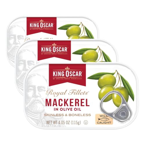 Image of King Oscar Mackerel in Olive Oil, 4.05 Ounce Can (Pack of 3, Packaging May Vary), Skinless & Boneless, Wild Caught Canned Mackerel
