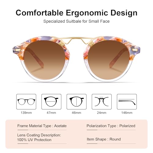Image of CARFIA Small Face Acetate Polarized Sunglasses for Women UV Protection, Retro Double Bridge Eyewears Metal Brow Round Sunnies