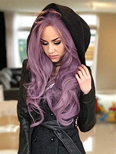 GNIMEGIL Women Purple Color Halloween Cosplay Party Hair Wigs Long Curly Hair Heat Resistant Fiber Synthetic Wigs Daily Wig Water Wave Curly Hair Prom Wigs (Wig head circumference size is 20-24inches)