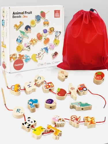 DealKits Fädelspiel ab 2 Jahren Montessori Spielzeug Lernspiel Holzspielzeug 42 Stück Holzperlen Fädelperlen zum Auffädeln Geburtstagsgeschenk für 1-3 Kleinkinder Adventskalender Füllung
