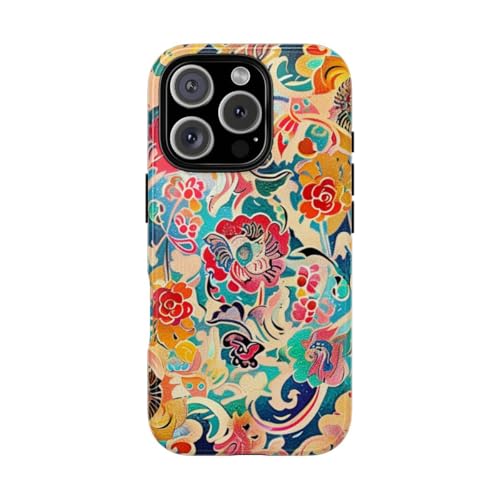 Coque iPhone 16 Pro rigide brillante bleu motif floral coloré