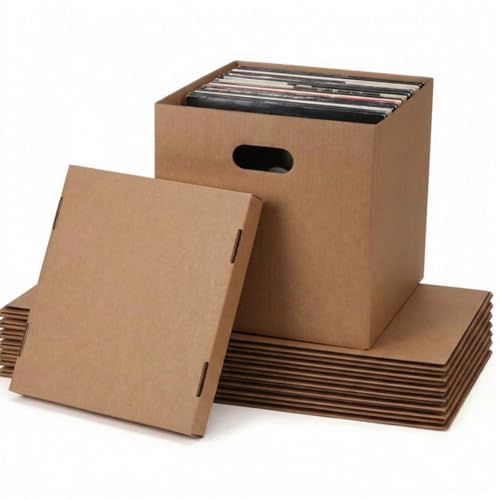 Image of Schliersee Moving Boxes Set of 7, 13.4x13x13 Brown Square Corrugated Record Boxes Reinforced Handles with Removable Lid for Storage, Packaging, Moving, Carrying