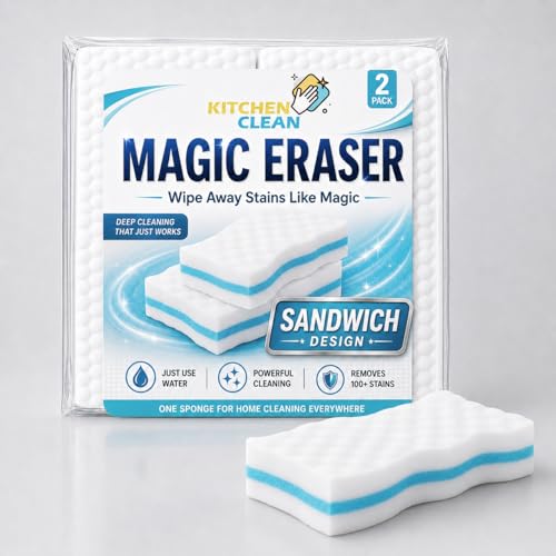 Image of Kitchen Clean 4X Stronger Magic Eraser Sponge Pack of 2 | Melamine Multipurpose Cleaning Sponge for Wall Stains, Switch Boards, Taps, Glass, Dashboard, Shoes & Sneakers